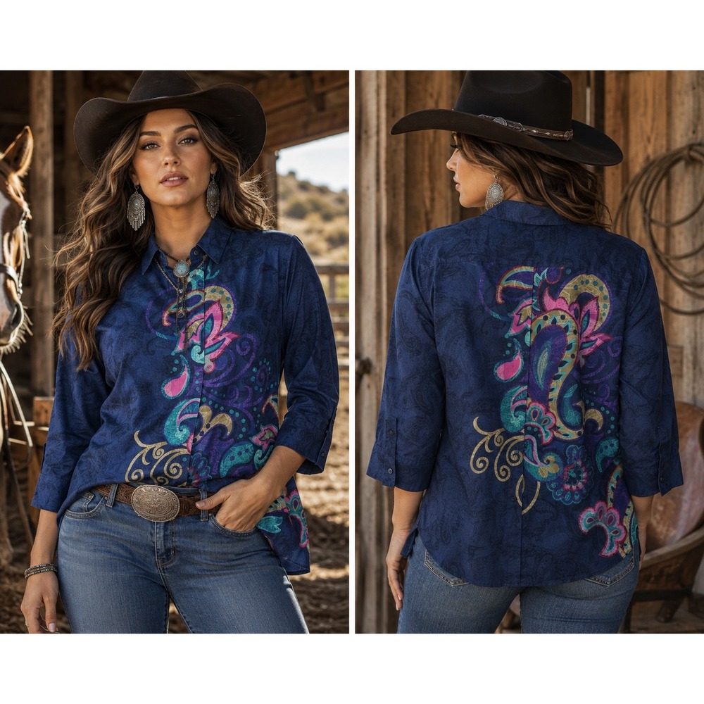 Chico's Women Size 2 Large Button Down‎ Navy Blue Paisley No-Iron Cotton Blouse